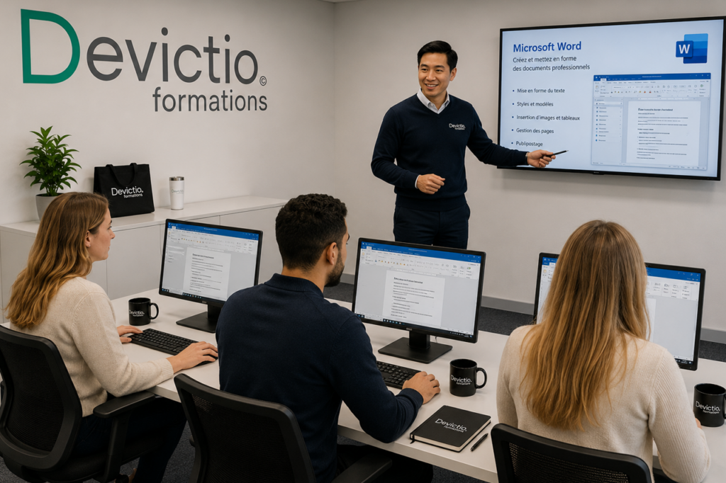 Formation Word Lyon : Développez une maîtrise complète de Microsoft Word pour créer rapidement des documents professionnels, automatiser les tâches répétitives et gagner en efficacité au quotidien. En présentiel chez Devictio, vous progressez grâce à une pédagogie pratique, des exercices concrets et un accompagnement personnalisé en petits groupes de 5 participants maximum. À l’issue de la formation, vous êtes capable d’exploiter pleinement les fonctionnalités de Word et de valoriser vos compétences grâce à la certification TOSA Word.