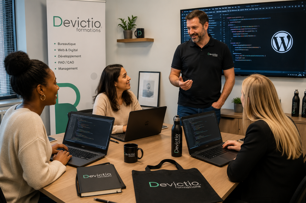 Formation WordPress Lyon : Suivre une formation WordPress chez Devictio, organisme de formation basé à Lyon depuis 2007, permet de bénéficier d&rsquo;un accompagnement personnalisé et d&rsquo;échanges directs avec un formateur expert. Les ateliers pratiques, réalisés sur des projets concrets, favorisent une montée en compétences rapide et immédiatement applicable en situation professionnelle. La proximité avec le formateur et les autres participants facilite les apprentissages, le partage d&rsquo;expériences et la résolution des difficultés tout au long de la formation.