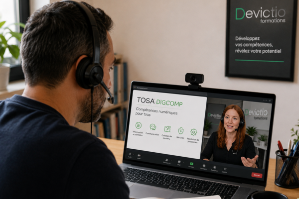 Formations TOSA DIGCOMP en distanciel : formez vous et démontrer objectivement vos compétences numériques, valoriser votre profil professionnel et améliorer votre employabilité. Dispensée sur Lyon ou en distanciel (visio)