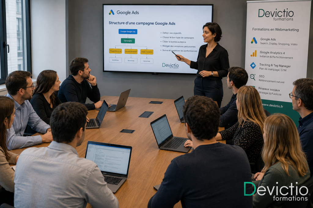 Former ses collaborateurs à Google Ads permet à l’entreprise de développer en interne les compétences nécessaires pour mieux piloter ses campagnes et ses investissements publicitaires. Les équipes gagnent en autonomie pour analyser les performances, maîtriser les budgets et identifier les actions permettant d’améliorer les conversions et le ROI. Une formation Google Ads permet également de mieux comprendre les recommandations et automatisations proposées par la plateforme afin de conserver une véritable maîtrise de sa stratégie SEA.
