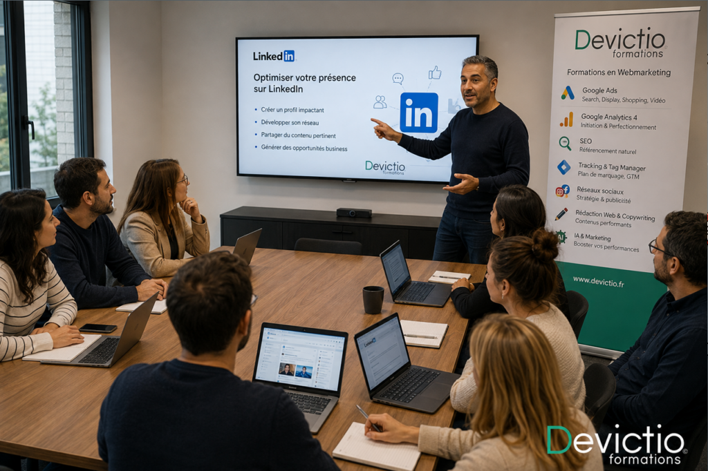 Former ses collaborateurs à LinkedIn sur Lyon ou en intra sur site permet d’harmoniser les pratiques, de renforcer la visibilité de l’entreprise et de mieux valoriser les expertises internes. Les équipes apprennent à utiliser le réseau de manière plus professionnelle pour communiquer, développer leur réseau et soutenir les objectifs commerciaux. Une formation structurée permet ainsi de transformer LinkedIn en véritable levier collectif de communication et de développement.