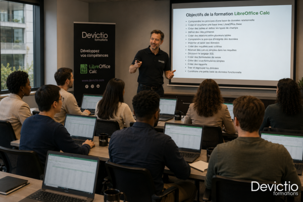 Former ses salariés à LibreOffice Calc en intra-entreprise sur site, permet de renforcer leur autonomie dans la création de tableaux, l’utilisation des formules et l’analyse des données professionnelles. Une meilleure maîtrise du tableur contribue également à gagner du temps et à fiabiliser les documents utilisés au quotidien.