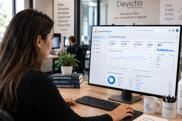 Former vos salariés à Google Analytics 4 – Niveau 2 chez Devictio leur permet d’aller au-delà des indicateurs classiques pour maîtriser l’analyse avancée, la segmentation, les parcours utilisateurs et les tunnels de conversion. Vos équipes apprennent à transformer les données en recommandations concrètes, afin d’optimiser les campagnes digitales, l’expérience utilisateur et les performances commerciales. Grâce à une formation opérationnelle en petit groupe, vos collaborateurs gagnent en expertise et en autonomie pour mieux piloter vos investissements marketing et améliorer votre ROI.
