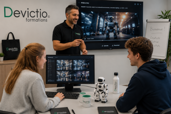 Former vos salariés à Midjourney chez Devictio leur permet d’acquérir des compétences concrètes en création d’images et de contenus visuels par intelligence artificielle, directement applicables aux besoins de votre entreprise. Grâce à nos formations en petits groupes, à Lyon ou en intra-entreprise sur site, vos collaborateurs bénéficient d’un accompagnement personnalisé et d’exercices adaptés à leurs métiers : communication, marketing, création graphique, web ou réseaux sociaux. Centre de formation depuis 2007, Devictio accompagne ainsi vos équipes pour intégrer efficacement Midjourney dans leurs pratiques professionnelles et gagner en créativité, autonomie et efficacité.