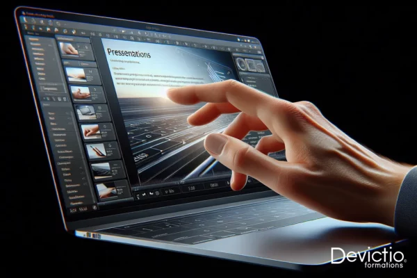 Gros plan sur l’écran d’un ordinateur portable montrant l’interface de PowerPoint, avec une diapositive en cours de modification