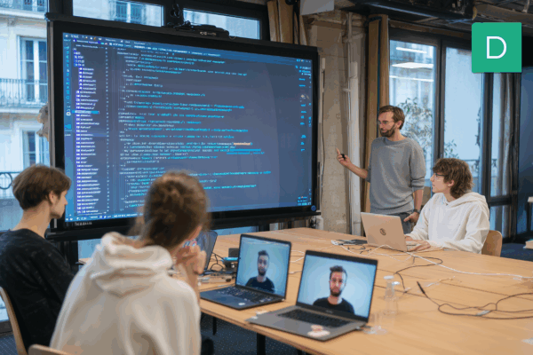 Groupe de stagiaires suivant une formation Python dans les locaux de Devictio à Lyon.