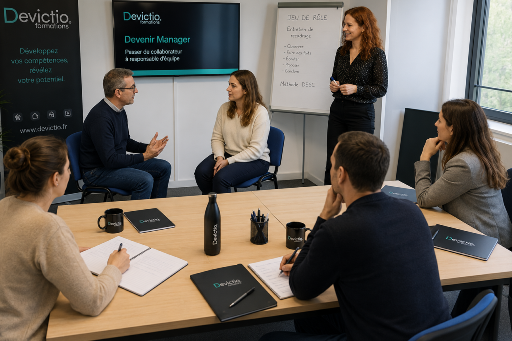 La formation Devenir Manager constitue un véritable levier d’évolution pour les salariés qui accèdent à des fonctions d’encadrement. Elle leur permet de gagner en confiance, en méthode et en efficacité dans leurs nouvelles responsabilités.