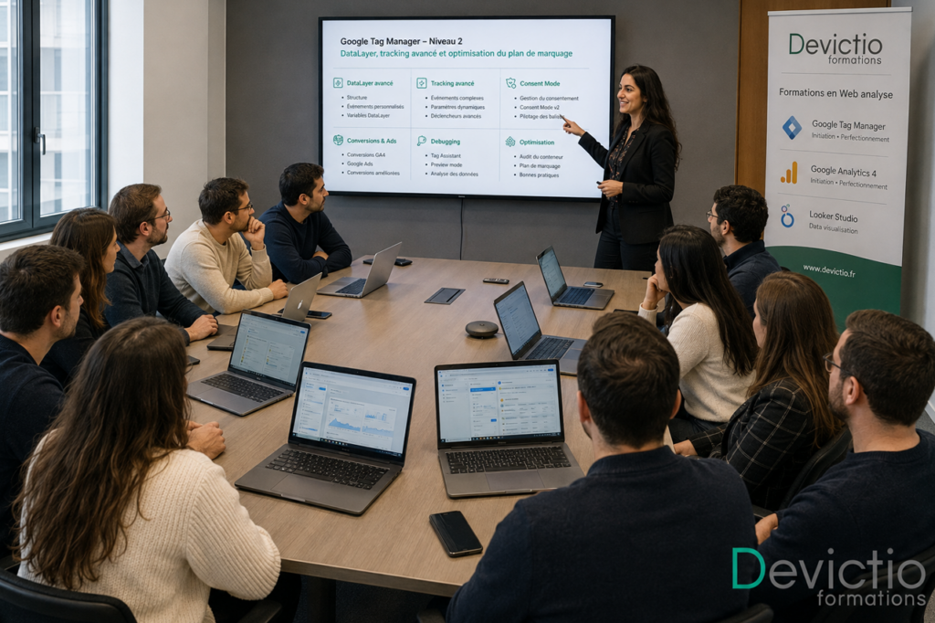 La formation Google Tag Manager Niveau 2 vous permet de maîtriser le tracking avancé, le DataLayer et les événements personnalisés afin de collecter des données plus fiables et pertinentes. Vous apprenez à auditer, déboguer et optimiser votre plan de marquage pour améliorer le suivi des conversions et la qualité de vos analyses marketing. Grâce à cette expertise, vous gagnez en autonomie et exploitez pleinement vos données pour piloter plus efficacement vos performances digitales.
