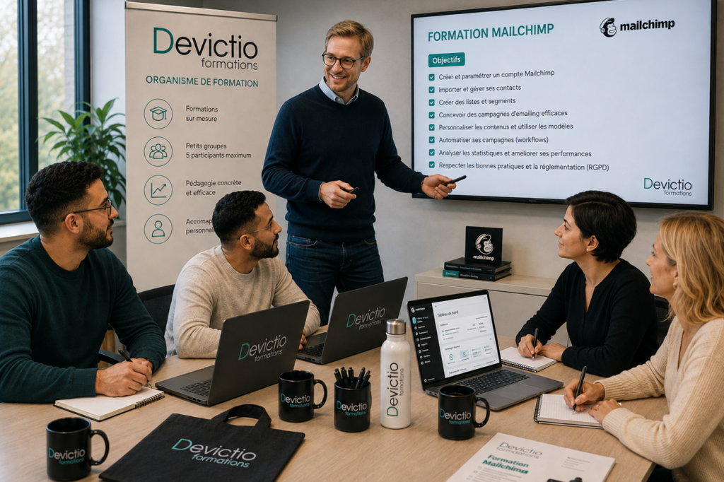 La Formation Mailchimp proposée par Devictio à Lyon privilégie une approche opérationnelle permettant d’apprendre à utiliser concrètement la plateforme dans un contexte professionnel. En une journée, les participants découvrent les principales fonctionnalités nécessaires pour gérer leurs contacts, créer et personnaliser leurs campagnes, mettre en place des automatisations simples et suivre leurs résultats. La formation permet ainsi aux salariés de repartir avec des méthodes directement applicables à leurs prochaines campagnes emailing.
