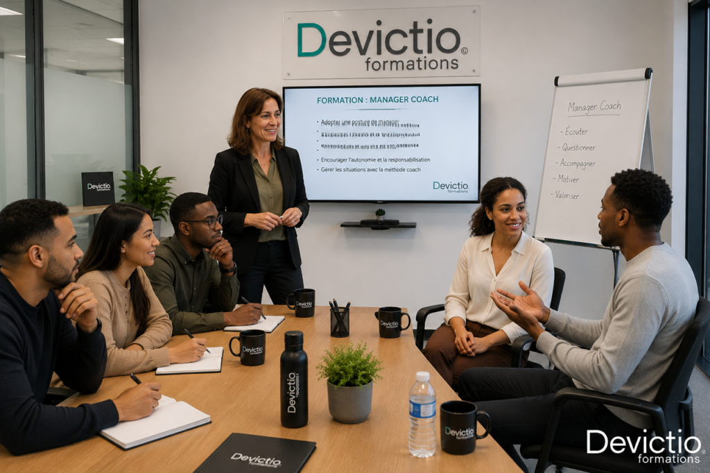 La formation Manager-Coach proposée par Devictio développe une posture managériale favorisant l’autonomie et la progression des collaborateurs. Les participants apprennent à mieux écouter, questionner et accompagner sans systématiquement apporter les solutions.