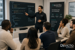 La formation PHP/MySQL en présentiel proposée par Devictio à Lyon associe apprentissage progressif, exercices pratiques et accompagnement direct par un formateur spécialisé. Le travail en petit groupe permet de poser ses questions, de revenir sur les difficultés rencontrées et de consacrer une place importante à l’écriture et à la correction du code. Cette approche fait de Devictio un choix particulièrement pertinent à Lyon pour développer des compétences concrètes et opérationnelles en PHP/MySQL.