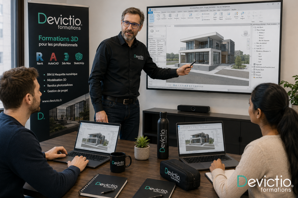 La formation Revit permet aux cabinets d’architecture, bureaux d’études et entreprises du bâtiment de développer en interne des compétences adaptées aux projets réalisés dans une démarche BIM. Des collaborateurs formés peuvent mieux exploiter la maquette numérique, produire les documents nécessaires au projet et structurer les informations du bâtiment. L’entreprise gagne ainsi en autonomie, en efficacité et en capacité à gérer ses projets BIM.