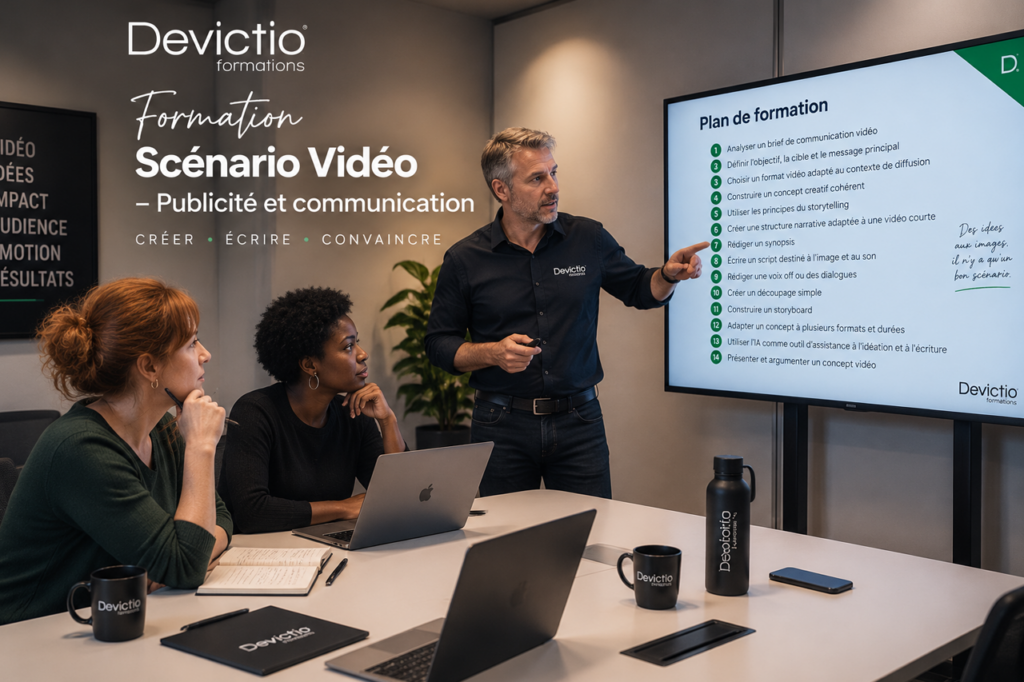 La Formation Scénario Vidéo – Publicité et communication proposée par Devictio permet d’apprendre à transformer une idée ou un brief en un projet vidéo structuré et convaincant. Les participants travaillent sur le concept créatif, le storytelling, le synopsis, le script, le découpage et le storyboard. Très orientée vers la pratique, cette formation apporte une méthode directement applicable aux projets de communication vidéo des entreprises.