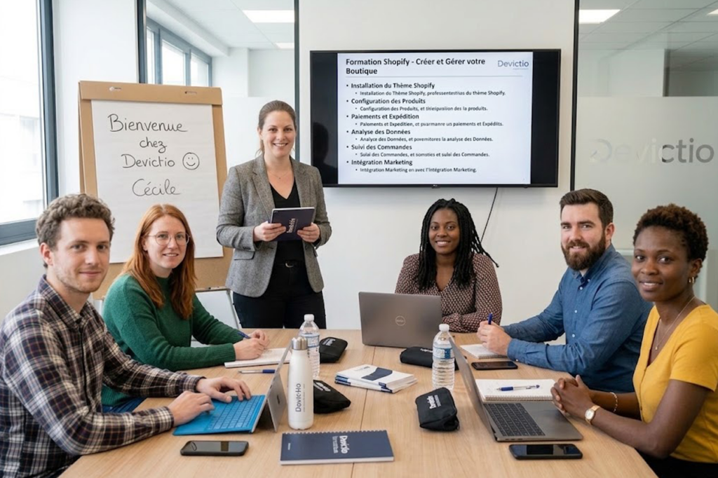 La Formation Shopify proposée par Devictio sur Lyon, permet aux entreprises de gagner en autonomie sur leur activité e-commerce. Organisme de formation depuis 2007, Devictio privilégie une pédagogie pratique en présentiel et en petits groupes pour rendre les compétences directement applicables en entreprise.