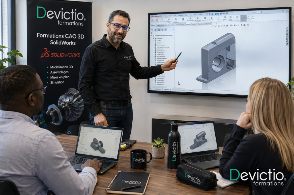 La formation SolidWorks permet aux entreprises industrielles et bureaux d’études de développer en interne des compétences essentielles en conception et modélisation mécanique 3D. Des collaborateurs formés peuvent concevoir et modifier des pièces, réaliser des assemblages et produire les documents techniques associés aux projets. L’entreprise gagne ainsi en autonomie, en efficacité et en capacité à faire évoluer ses conceptions.