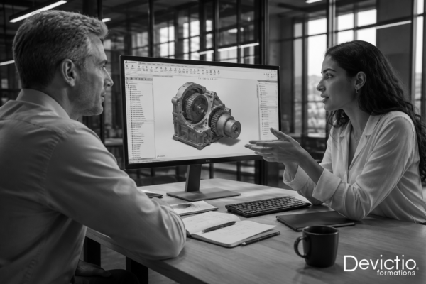 La formation SolidWorks proposée en présentiel par Devictio à Lyon favorise la pratique, les échanges directs avec le formateur et la résolution immédiate des difficultés rencontrées. Organisée en petit groupe, elle permet au formateur de suivre les manipulations des participants et d’apporter des explications adaptées à leur progression. Cette approche pédagogique est particulièrement pertinente pour apprendre un logiciel technique de conception 3D comme SolidWorks.
