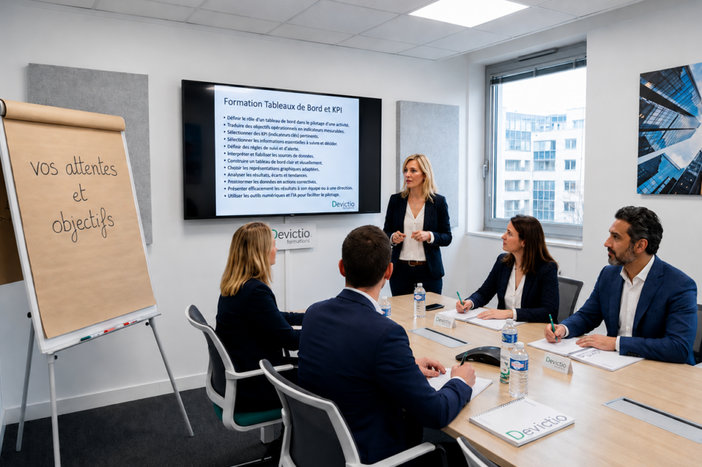 La Formation Tableau de Bord et KPI – Piloter efficacement son activité permet aux entreprises de transformer leurs données en véritables outils de décision. Dispensée en présentiel à Lyon ou en intra sur site, elle aide les salariés à sélectionner les bons indicateurs et à piloter plus efficacement leur activité.