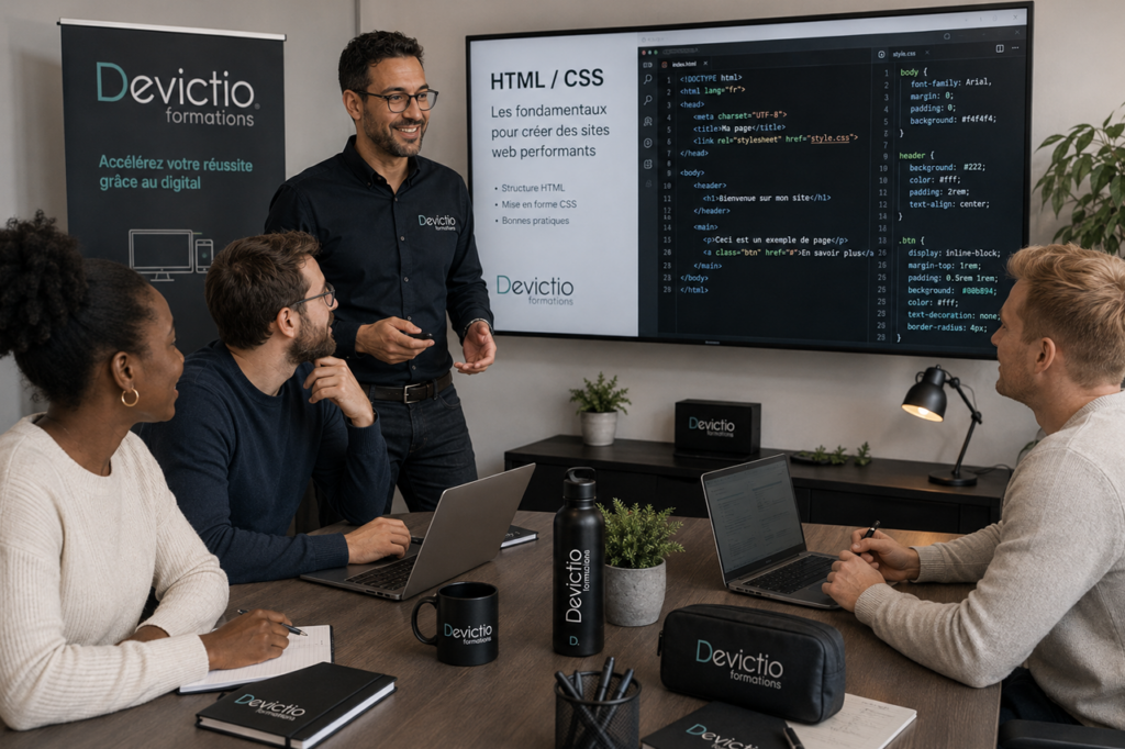 Les formations HTML/CSS de Devictio à Lyon permettent d’acquérir des compétences concrètes pour créer, personnaliser et optimiser des pages web modernes et responsive. Proposées en présentiel et en petits groupes, elles privilégient la pratique, les exercices et l’accompagnement du formateur pour faciliter la progression de chaque participant. Du niveau débutant aux techniques avancées, les formations permettent de développer une véritable autonomie en HTML/CSS et de mieux comprendre le fonctionnement des interfaces web.