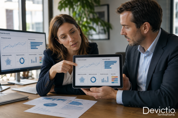 Maîtriser l’étude de marché est indispensable pour détecter les évolutions susceptibles d’influencer l’activité de l’entreprise. La formation Devictio permet d’utiliser concrètement le benchmark concurrentiel, la segmentation, le PESTEL et la SWOT pour construire des recommandations commerciales pertinentes.