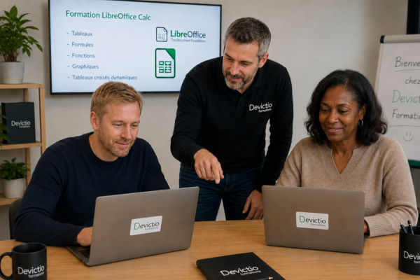 Maîtrisez rapidement LibreOffice Writer, Calc, Impress et les autres outils de la suite grâce à une formation en petit groupe alliant théorie et nombreux exercices pratiques. Chez Devictio Formations, vous bénéficiez d’un accompagnement personnalisé, d’échanges privilégiés avec votre formateur et de réponses adaptées à vos besoins professionnels. Repartez avec des compétences immédiatement opérationnelles pour gagner en efficacité au quotidien.