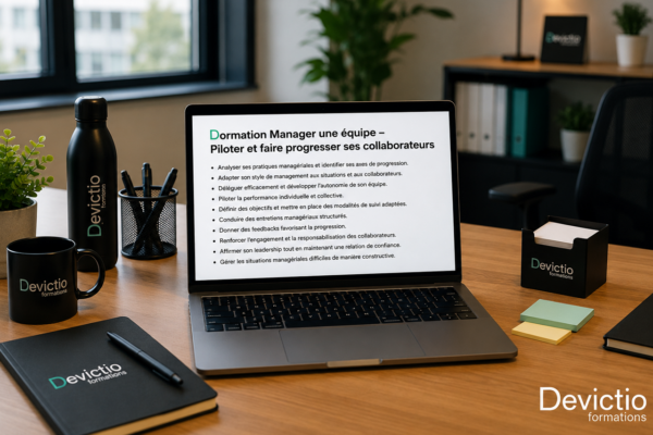 Manager une équipe : déléguez, accompagnez et développez les compétences. Avec Devictio, développez vos compétences pour mieux piloter l’activité, responsabiliser vos collaborateurs et gérer les situations managériales sensibles.