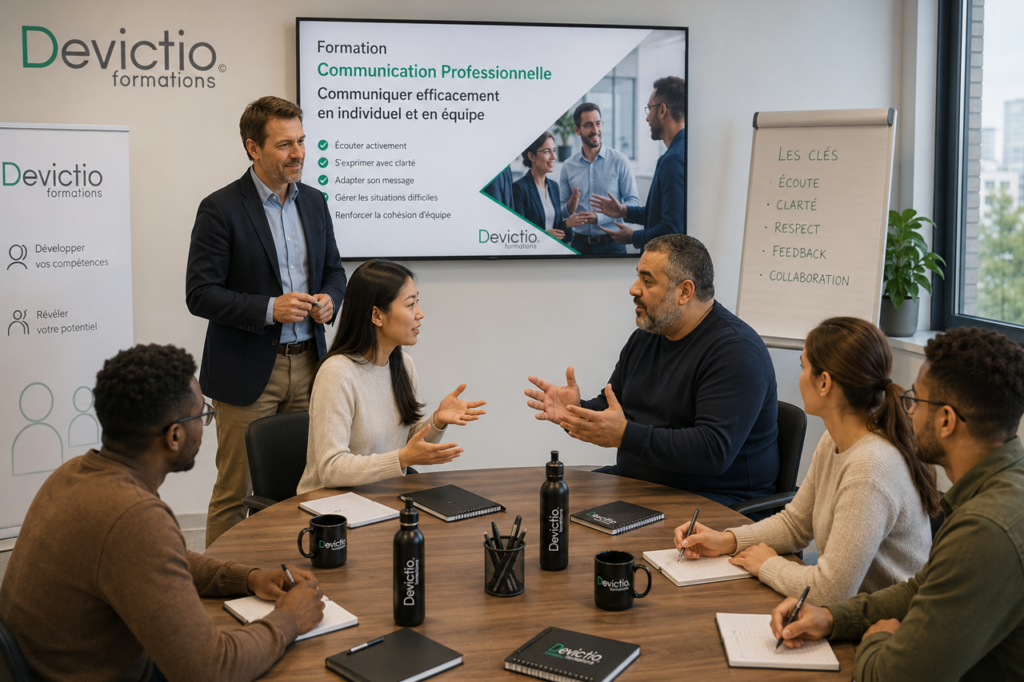 Mieux communiquer pour mieux travailler ensemble Une communication claire permet de limiter les malentendus, de fluidifier les échanges et de faciliter la coopération au quotidien. La Formation Communication Professionnelle développe des compétences immédiatement utiles pour écouter, questionner, reformuler et transmettre efficacement ses idées.