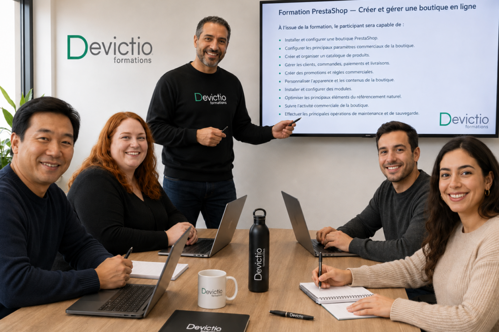 Nos sessions de formation PrestaShop à Lyon permettent aux participants d’apprendre à créer, configurer et administrer une boutique en ligne à travers des démonstrations et des exercices pratiques. En petit groupe, les stagiaires bénéficient d’un accompagnement personnalisé pour acquérir des compétences directement applicables à leurs projets e-commerce.