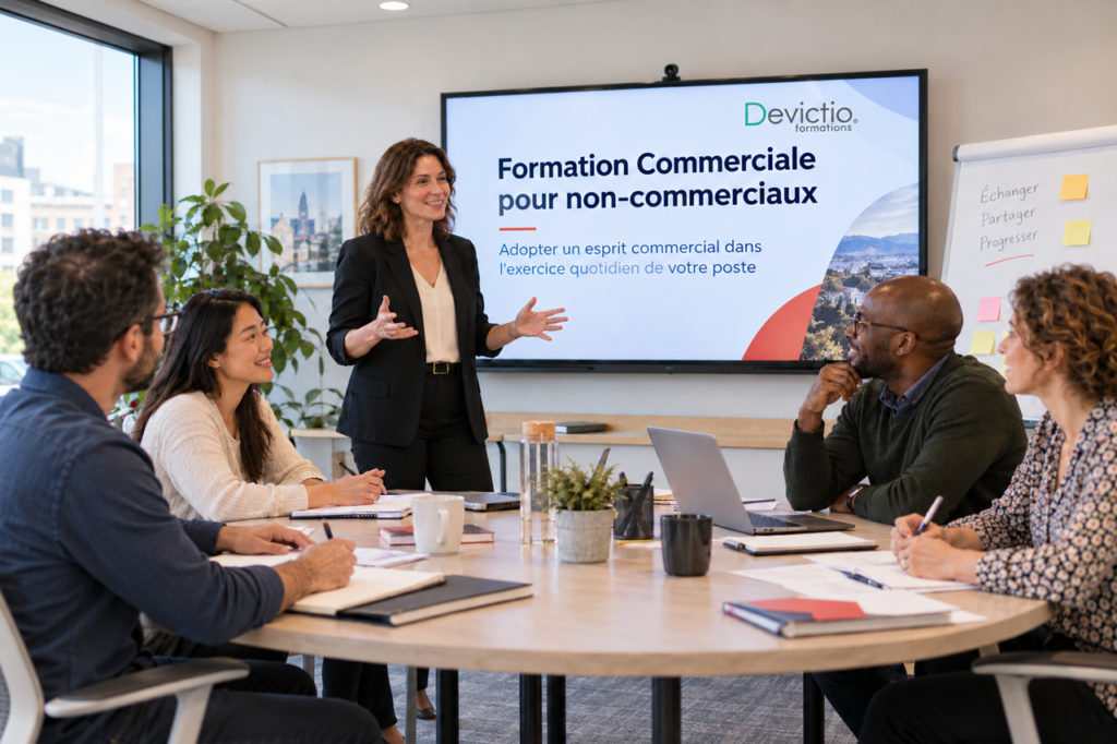 Notre formation commerciale pour non commerciaux aide les salariés à adopter une posture de conseil et à mieux gérer leurs interactions avec les clients. Grâce à des méthodes simples et des mises en situation, ils apprennent à questionner, écouter et convaincre. Les entreprises gagnent ainsi en efficacité commerciale tout en valorisant les compétences internes de leurs équipes.