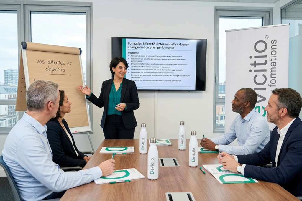 Notre Formation Efficacité Professionnelle – Gagner en organisation et en performance proposée par Devictio à Lyon, permet aux salariés d’adopter des méthodes de travail plus efficaces et directement applicables. Pour l’entreprise, c’est un moyen concret d’améliorer l’organisation, la collaboration et la performance collective.