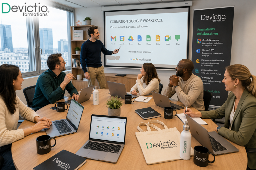 Notre formation Google Workspace à Lyon permet à vos collaborateurs de gagner en efficacité dans la création, le partage et l’organisation de leurs documents. Grâce à une approche pratique, ils développent des méthodes de travail directement applicables dans leur activité professionnelle.