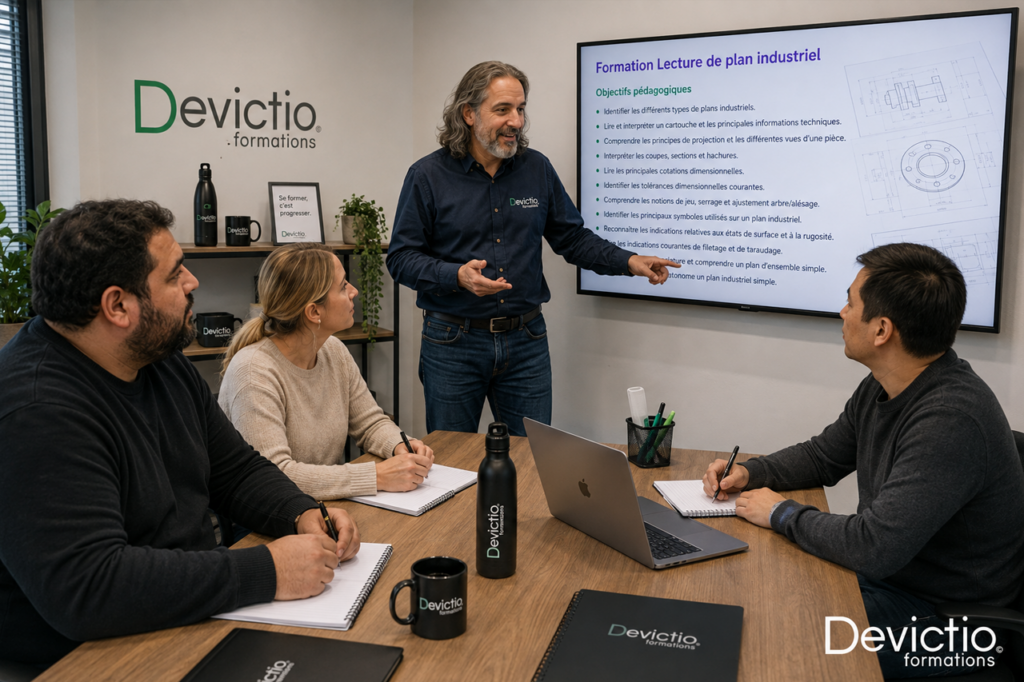 Notre formation Lecture de plan industriel vous permet d’acquérir rapidement les clés pour comprendre, interpréter et exploiter efficacement les plans techniques utilisés en production, maintenance, méthodes ou qualité. Dispensé en présentiel sur Lyon ou en intra-entreprise, ce stage vous permettra de gagner en autonomie et sécurisez vos prises de décision au quotidien, grâce à une approche concrète et de nombreux exercices pratiques.