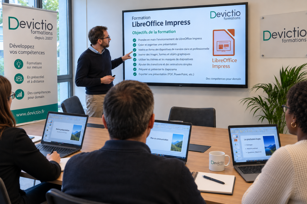 Notre formation LibreOffice Impress à suivre sur Lyon ou en intra entreprise sur site, permet aux salariés de créer rapidement des présentations professionnelles, structurées et adaptées aux besoins de l’entreprise. Chez Devictio, votre organisme de formation depuis 2007, l’apprentissage privilégie la pratique pour développer des compétences immédiatement utilisables au quotidien.