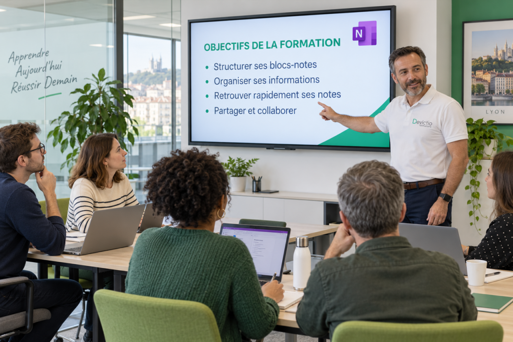 Notre formation OneNote proposée sur Lyon permet aux collaborateurs de centraliser leurs informations, de mieux organiser leurs projets et de retrouver rapidement leurs notes. Dispensée en présentiel et en petits groupes, elle favorise une acquisition concrète et durable des compétences.