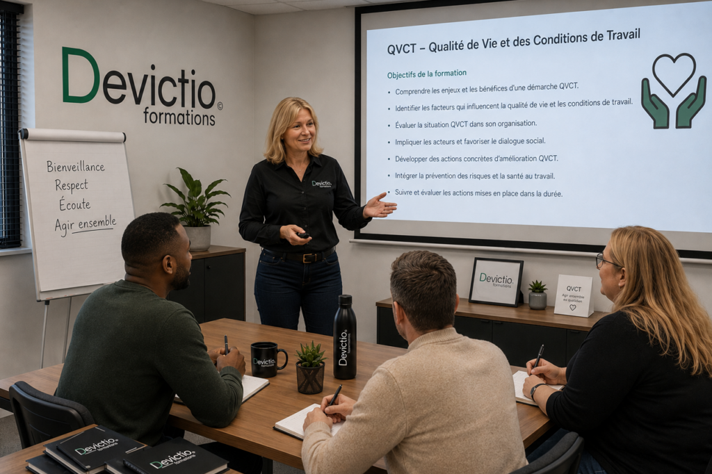 Notre Formation QVCT dispensée à Lyon ou en intra sur site partour en France, permet aux entreprises d’identifier concrètement les facteurs qui influencent les conditions de travail, l’engagement et la coopération des équipes. Pour les salariés, elle contribue à construire une organisation du travail plus adaptée aux réalités du terrain.