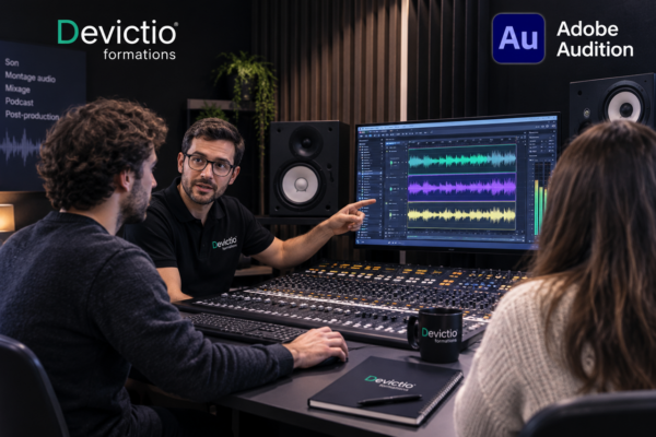 Organiser une Formation Adobe Audition en intra-entreprise permet de former plusieurs collaborateurs autour de problématiques audio communes à l’organisation. Le contenu et les exercices peuvent être davantage orientés vers les usages de l’entreprise : traitement des voix, interviews, podcasts, vidéos, communication ou productions audiovisuelles. Cette formule favorise le développement de compétences directement exploitables par les salariés dans leurs projets professionnels.