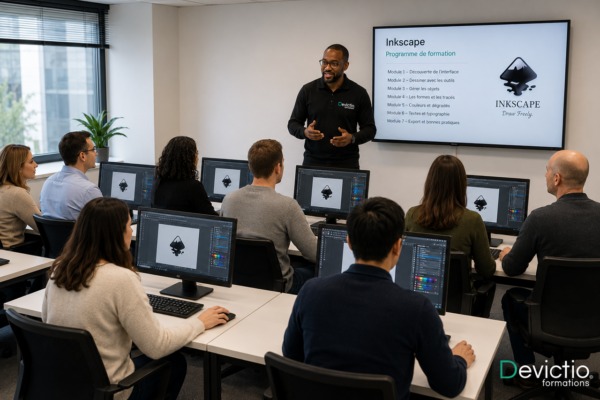 Organiser une formation Inkscape en intra-entreprise permet de former toute une équipe directement dans vos locaux, sur vos postes de travail et à partir de vos projets graphiques. Depuis 2007, Devictio, centre de formation à Lyon, conçoit des formations sur mesure favorisant les échanges entre collaborateurs et une mise en application immédiate des compétences acquises. Cette approche optimise le transfert des connaissances, renforce la cohésion des équipes et garantit un retour sur investissement rapide.