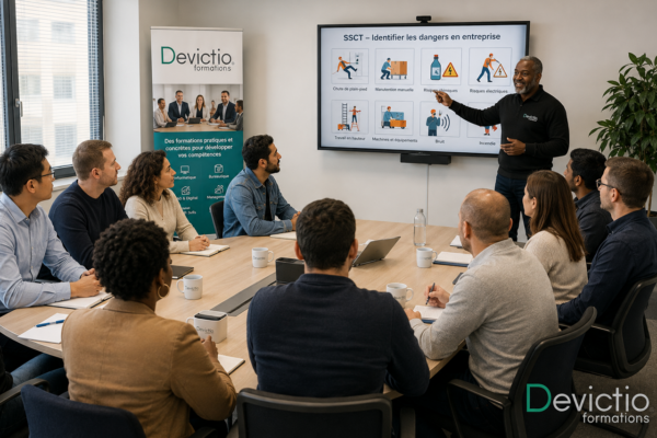 Organiser une formation SSCT en intra, directement sur site, permet à tous les membres du CSE de se former ensemble en travaillant sur les situations et les risques propres à leur entreprise. En présentiel, les échanges avec le formateur, les études de cas et les mises en situation favorisent une meilleure appropriation des missions du CSE en matière de santé, de sécurité et de conditions de travail. Avec Devictio, vos élus acquièrent des méthodes et des outils concrets pour agir efficacement au quotidien et renforcer la prévention au sein de l’entreprise