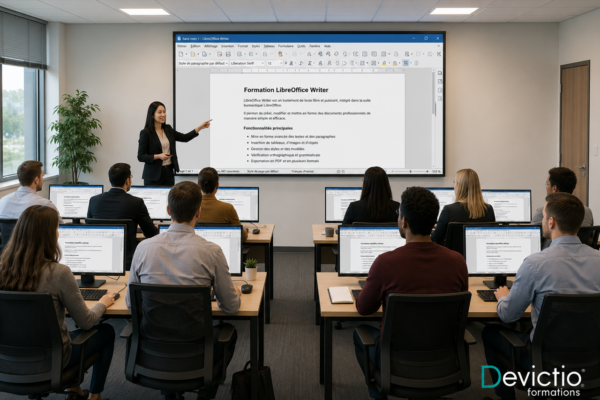 Organisez une formation LibreOffice directement dans vos locaux (intra sur site) et formez vos collaborateurs sur leurs propres outils de travail. Cette solution favorise les échanges, s’adapte à vos besoins métier et permet de mettre immédiatement en pratique les fonctionnalités de Writer, Calc ou Impress sur des cas concrets. Avec Devictio Formations, bénéficiez d’un accompagnement personnalisé, d’une montée en compétences rapide et d’une organisation simple, sans déplacement de vos équipes.