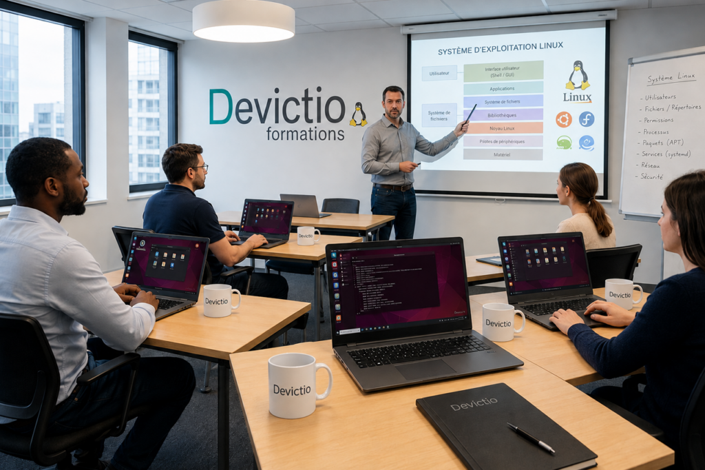 Organisme de formation professionnelle depuis 2007, Devictio propose à Lyon sa formation Linux orientée vers la pratique et les compétences opérationnelles. Du terminal à l’administration système, les participants acquièrent progressivement les méthodes nécessaires pour utiliser Linux dans un contexte professionnel.