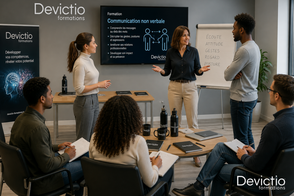 Posture, regard, gestuelle, voix ou silences participent pleinement à la perception d’un message professionnel. Notre Formation Communication Non Verbale, dispensée en présentiel sur Lyon ou en intra sur site, permet de prendre conscience de ces éléments et de développer une communication plus cohérente, naturelle et maîtrisée.