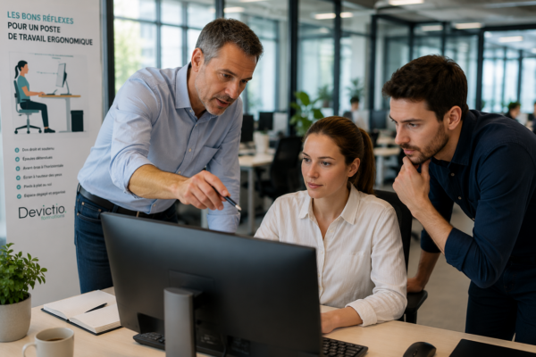 Privilégiez une formation en ergonomie des postes de travail pratique, directement dans votre entreprise. En intra, sur Lyon ou France entière, le formateur peut travailler à partir des postes, du mobilier et des équipements réellement utilisés par vos collaborateurs.