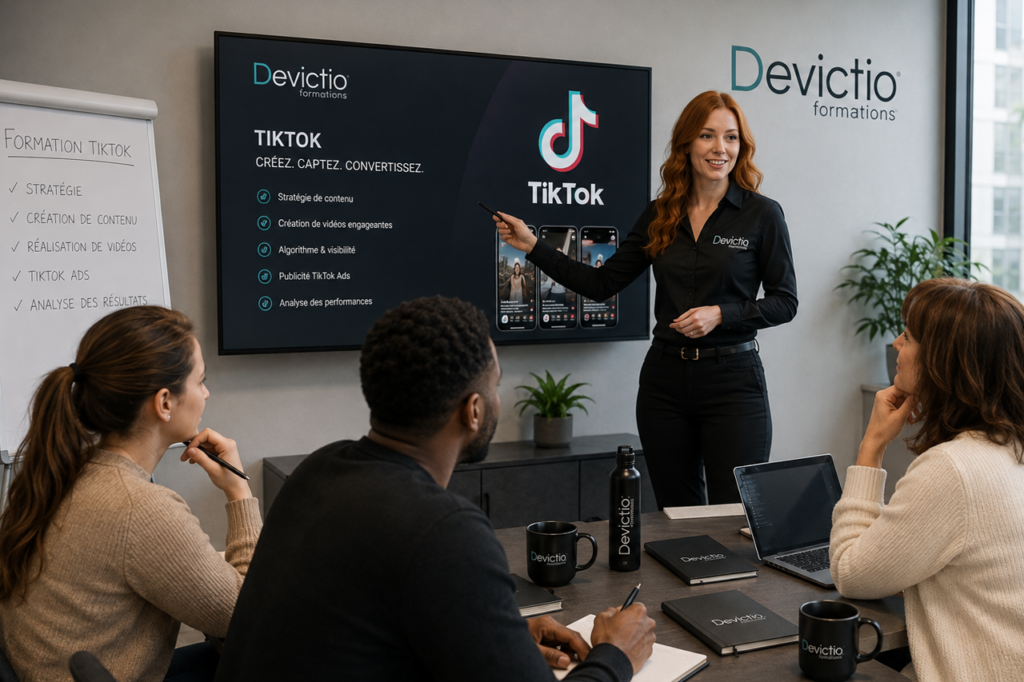 Se former à TikTok permet aux collaborateurs de comprendre les codes de la plateforme et de créer des vidéos capables de capter l’attention de leurs audiences. Ils développent des compétences concrètes en storytelling, tournage, montage, TikTok SEO et analyse des performances, tout en apprenant à exploiter intelligemment l’IA pour faciliter leur production. L’entreprise peut ainsi produire régulièrement ses propres contenus et développer sa visibilité sur TikTok avec une approche professionnelle et maîtrisée.