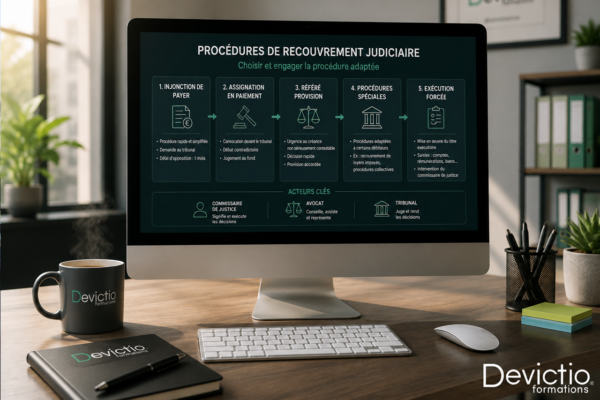 Se former au recouvrement et procédures collectives à Lyon permet de savoir réagir rapidement lorsqu’un client entre en sauvegarde, redressement ou liquidation judiciaire. La formation Devictio vous apprend à préserver vos droits, déclarer vos créances et limiter les risques de pertes pour l’entreprise.