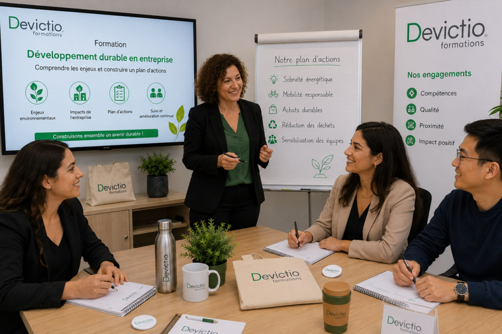 Suivre la formation « Développement durable en entreprise » permet de comprendre les principaux enjeux environnementaux et d’identifier leurs impacts concrets sur l’activité de l’entreprise. Grâce à une approche pratique et participative, les participants apprennent à prioriser les actions pertinentes en matière d’énergie, de mobilité, d’achats, de numérique ou encore de gestion des déchets. L’objectif : repartir avec un plan d’actions concret et adapté à son entreprise pour transformer les enjeux du développement durable en initiatives mesurables et durables.