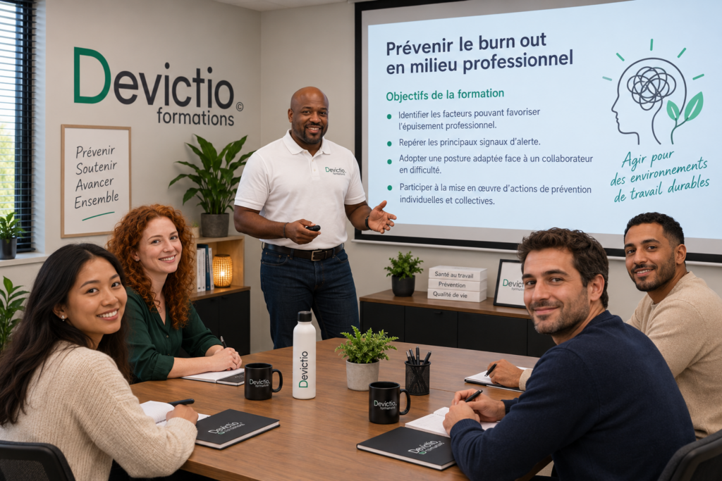 Suivre notre formation Burn-out en présentiel à Lyon permet aux entreprises de donner à leurs managers et responsables les clés pour repérer les signaux d’alerte et identifier les facteurs d’épuisement professionnel. Une démarche indispensable pour agir en prévention et préserver durablement les conditions de travail.