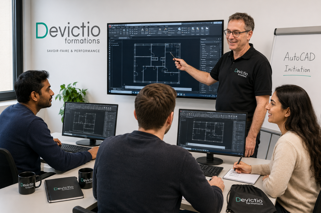 Suivre une formation AutoCAD Initiation à Lyon chez Devictio vous permet d’acquérir rapidement les fondamentaux pour créer, modifier, annoter et imprimer des plans 2D professionnels avec précision. Grâce à une pédagogie axée sur la pratique et à des formations en petits groupes, vous progressez aux côtés d’un formateur expert et travaillez sur des exercices directement applicables à votre activité. Organisme de formation implanté à Lyon depuis 2007, Devictio vous accompagne pour gagner en autonomie, en efficacité et en maîtrise d’AutoCAD.