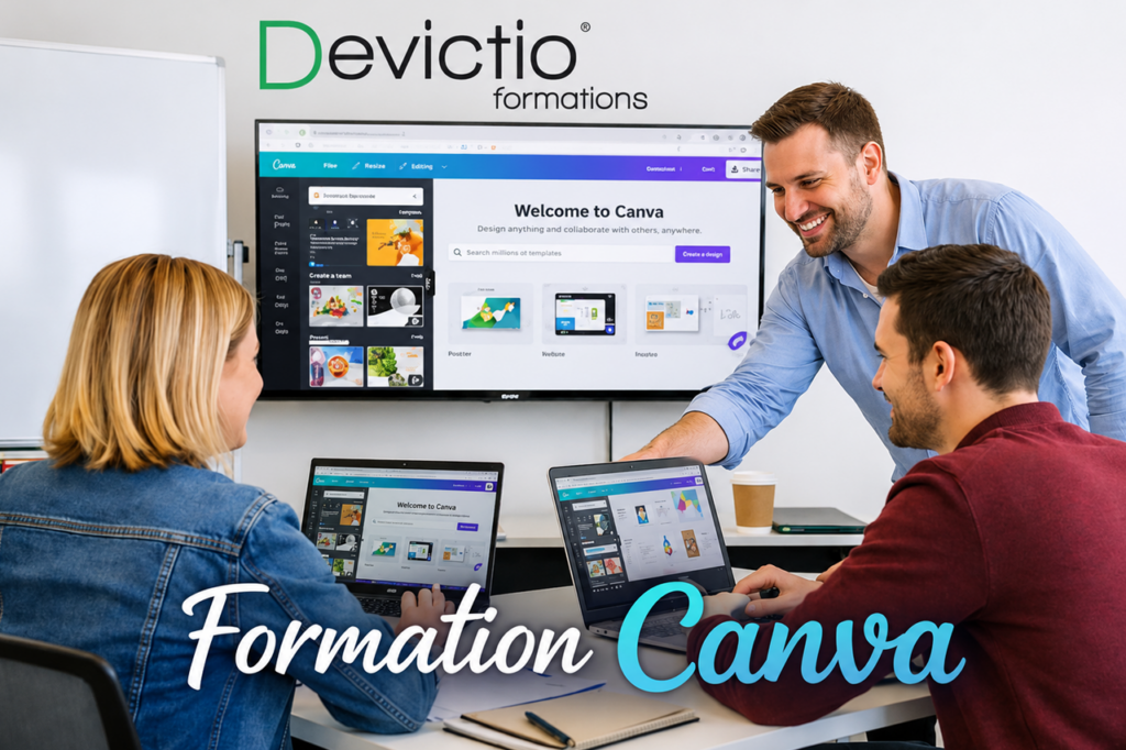 Suivre une formation Canva chez Devictio à Lyon permet d’apprendre à créer rapidement des supports visuels professionnels pour la communication, le marketing, les réseaux sociaux ou les présentations d’entreprise. En présentiel et en petit groupe, chaque participant bénéficie d’un accompagnement personnalisé, de démonstrations concrètes et de nombreux exercices pratiques. Centre de formation depuis 2007, Devictio vous aide à gagner en autonomie, en créativité et en efficacité dans la production de vos contenus visuels.