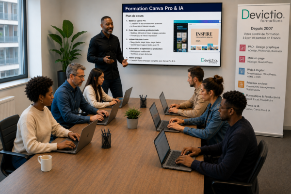 Suivre une formation Canva Pro & IA chez Devictio permet de maîtriser les fonctionnalités avancées de Canva et d’exploiter l’intelligence artificielle pour créer plus rapidement des contenus visuels professionnels. Grâce à une pédagogie pratique et en petits groupes, vous apprenez à automatiser certaines tâches, décliner vos créations, respecter votre identité de marque et produire efficacement des contenus pour le web, les réseaux sociaux ou la communication d’entreprise. Centre de formation depuis 2007, Devictio vous accompagne pour transformer Canva Pro et l’IA en véritables outils de créativité et de productivité au quotidien.