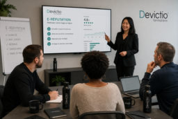Suivre une formation E-réputation en présentiel chez Devictio à Lyon permet d’apprendre à surveiller, protéger et gérer concrètement l’image numérique de son entreprise. Les exercices pratiques et les échanges directs avec le formateur permettent de travailler sur les avis clients, la veille, les contenus sensibles, les bad buzz et les nouveaux risques liés à l’IA. Organisme de formation implanté à Lyon depuis 2007, Devictio privilégie les petits groupes pour favoriser la pratique et l’accompagnement personnalisé.