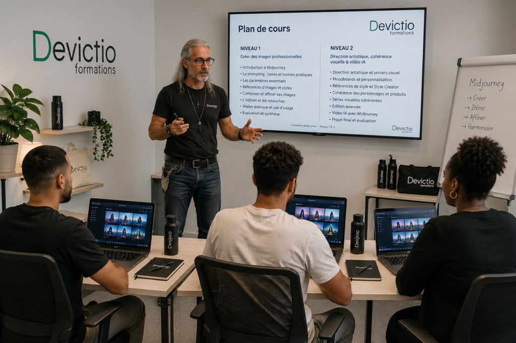Suivre une formation Midjourney Niveau 1 permet d’acquérir rapidement les bases indispensables pour transformer ses idées en visuels professionnels grâce à l’intelligence artificielle. En petit groupe et accompagné par un formateur, vous apprenez à maîtriser le prompting, les paramètres, les références visuelles et les principaux outils d’édition à travers de nombreux exercices pratiques. À l’issue des 2 jours, vous êtes capable de créer, améliorer et décliner vos propres images avec Midjourney pour vos projets de communication, marketing, web ou réseaux sociaux.